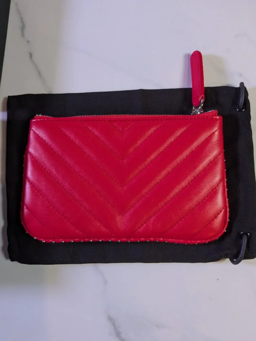 CHANEL Mini O-Case Zip Pouch — Red Chevron Quilted Lambskin, Studded Trim